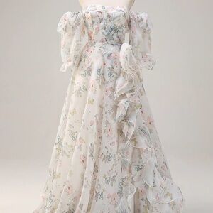 Floral Off-Shoulder White Prom Dress with Pastel Butterfly Print